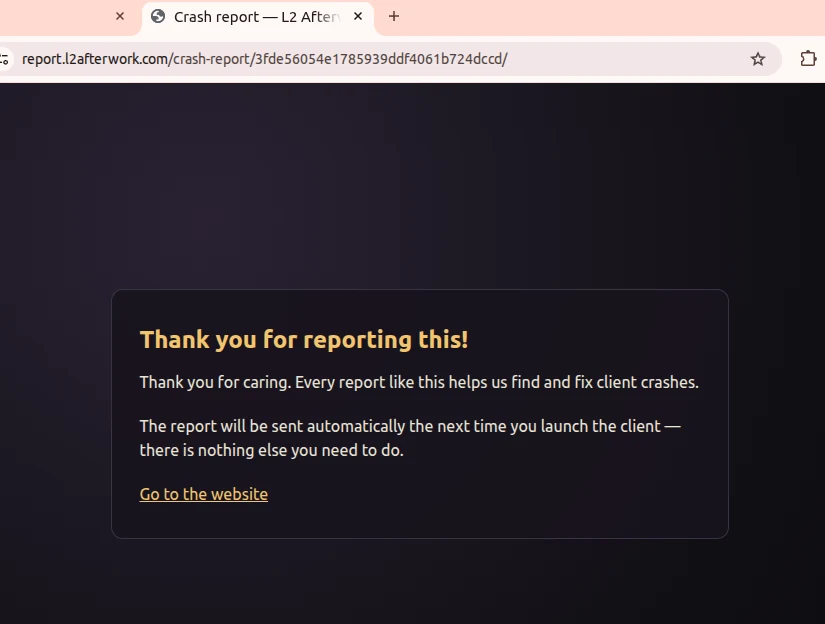 Crash Report Thanks Page L2 After Work